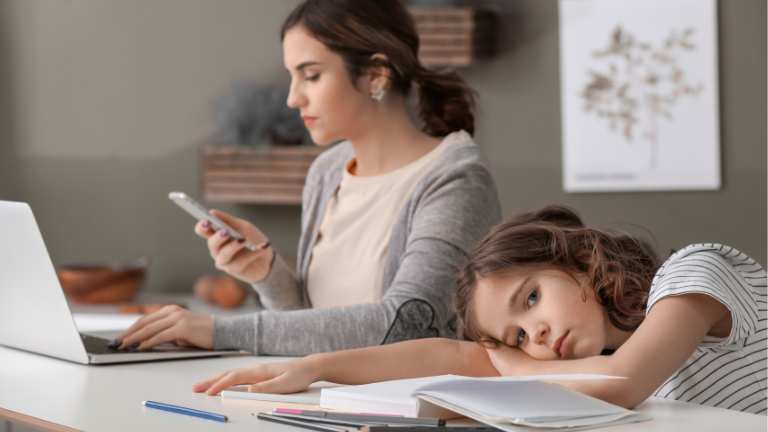 Working mom with kids in summer break