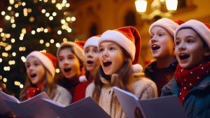 Children wearing Santa hat, happily singing Christmas carol.